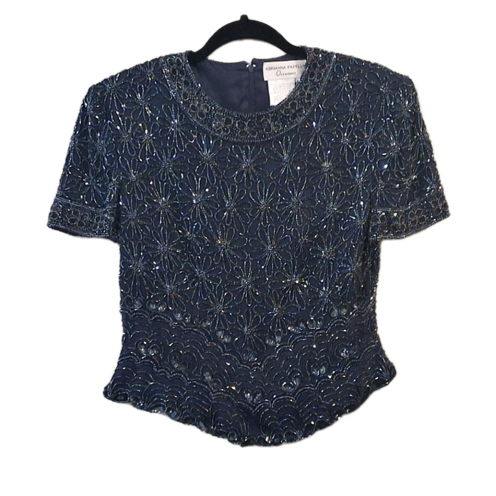 Adrianna Papell Occasions Women's 6 Elegant Navy Beaded Silk Top Wedding Formal